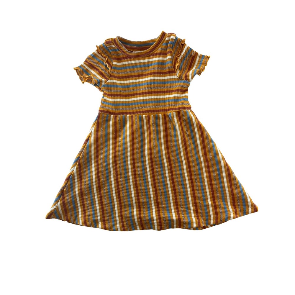 Nanette Lepore Girls 18M Mustard Yellow Striped Ribbed Flutter Sleeve Dress‎